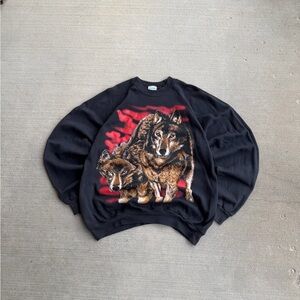 Vintage 90s Wolf Nature Crewneck Sweatshirt Wildlife Big Graphic Santee USA 2XL